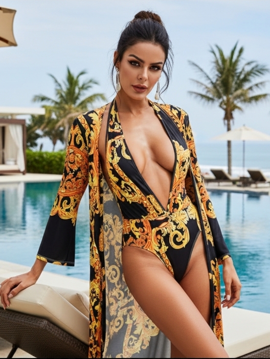 Baroque Swimwear Set Plunge Halter Neck One-Piece Swim Longline Swim Cover-Up